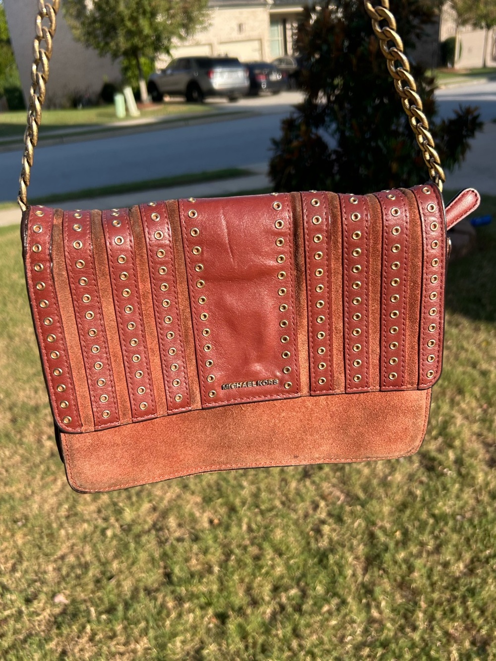 Michael Kors Rust/Burnt Orange Leather & Suede Studded Chain Shoulder Crossbody